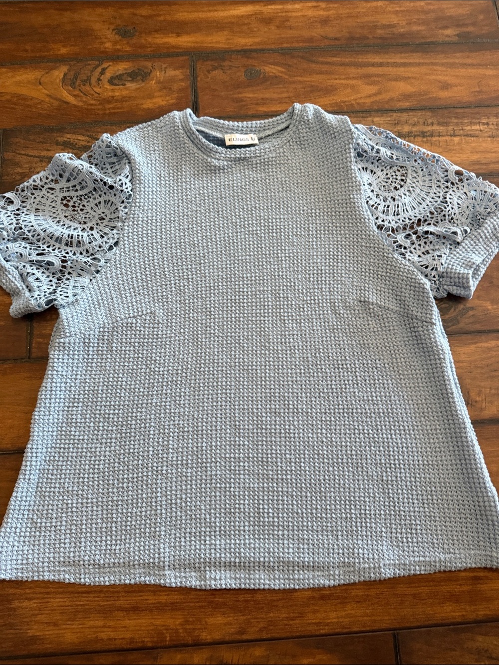New Without Tags Light Blue Waffle Knit Tee with Crochet Short Sleeves